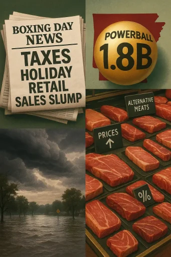 Hawk’s Boxing Day Brief: UK front pages flag tax and political shake‑up; $1.8B Powerball hits Arkansas; storms and spending shifts mark the holidays