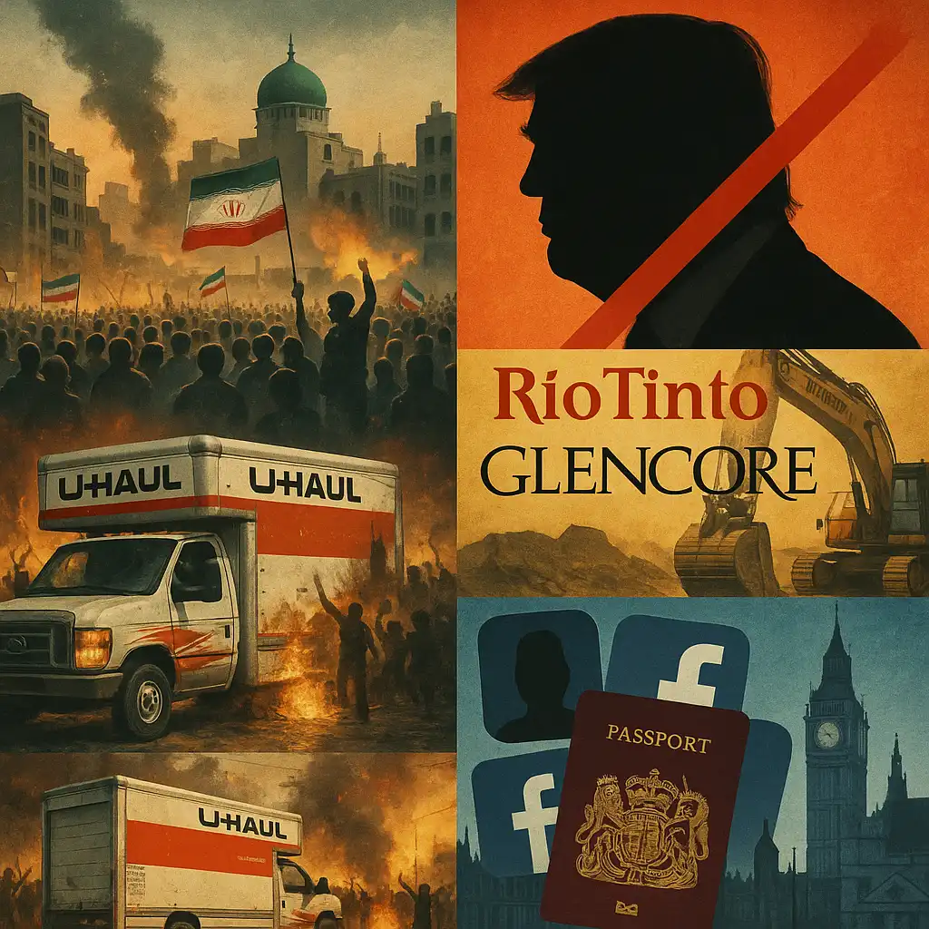 Hawk’s Monday Brief: Tehran claims ‘total control’ as Trump warns of a red line; U‑Haul hits LA protest; Rio–Glencore mega‑merger talk; UK work‑visa black market alleged
