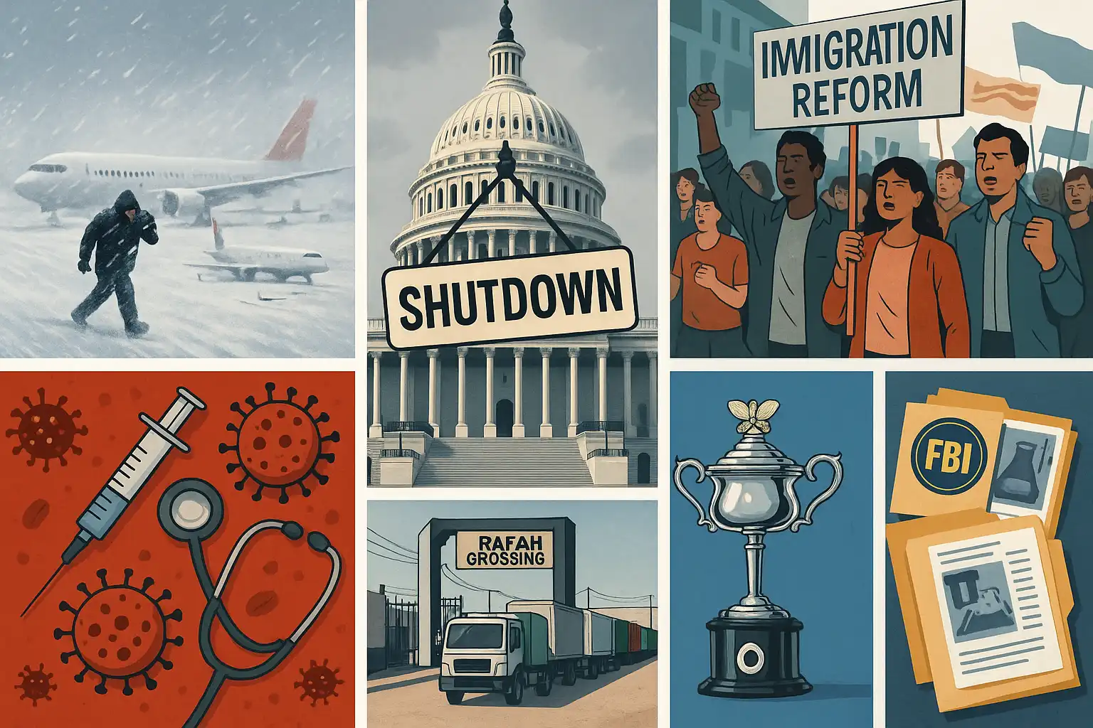 Hawk’s Sunday Brief: Deep freeze grounds flights; partial shutdown bites; Epstein fallout; protests and a release; measles surge; Rafah reopens; Aussie crowns