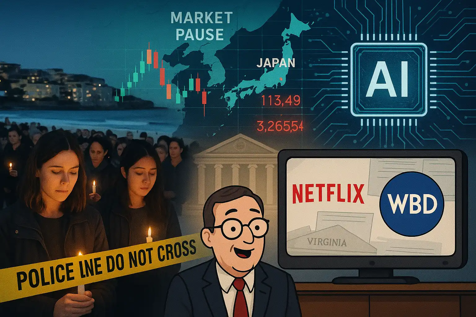 Hawk’s Monday Brief: Sydney festival shooting probe widens; Asia markets pause on weak Japan data; Oliver skewers Netflix–WBD; Va. AG sued; AI summit in focus