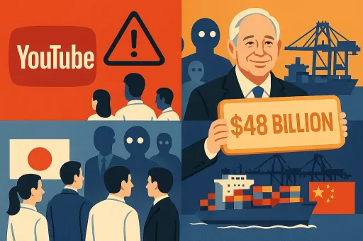 Hawk’s Wednesday Brief: YouTube outage ripples worldwide; Yang warns AI will gut white‑collar jobs; Schwarzman pledges $48B; Japan export surge to China