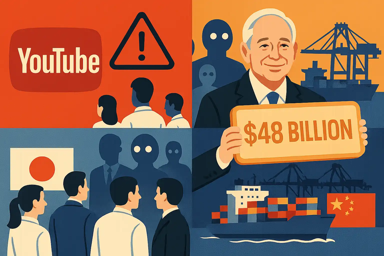 Hawk’s Wednesday Brief: YouTube outage ripples worldwide; Yang warns AI will gut white‑collar jobs; Schwarzman pledges $48B; Japan export surge to China