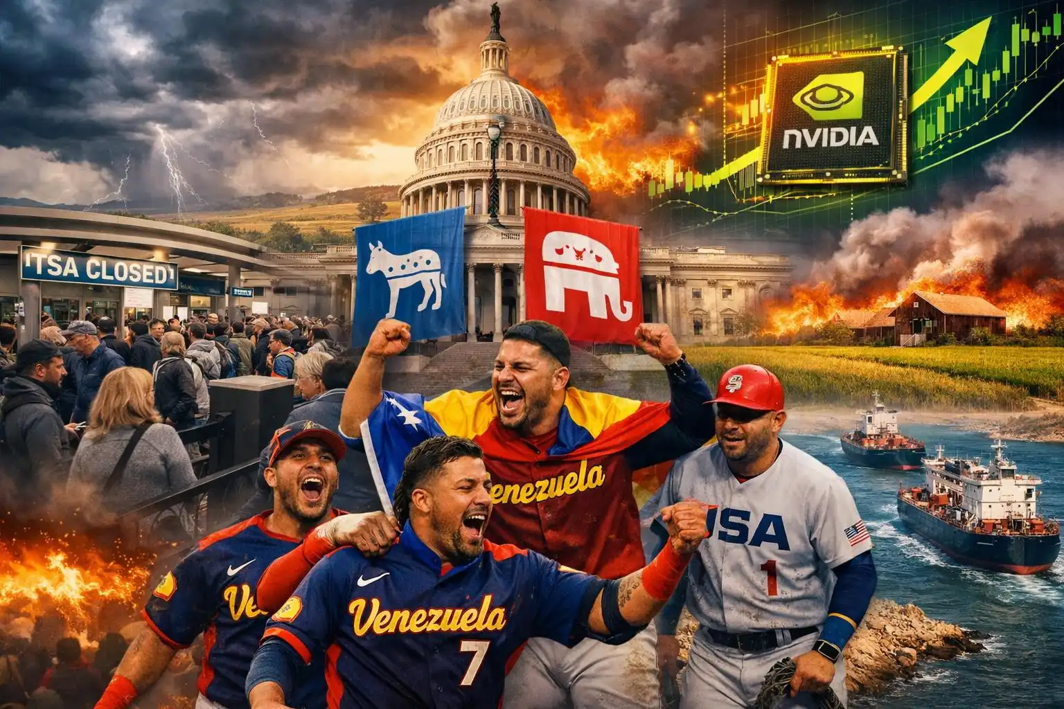 Hawk’s Tuesday Brief: TSA no‑shows snarl travel; Midwest walloped; Nvidia momentum and Hormuz thaw; Venezuela stuns Team USA