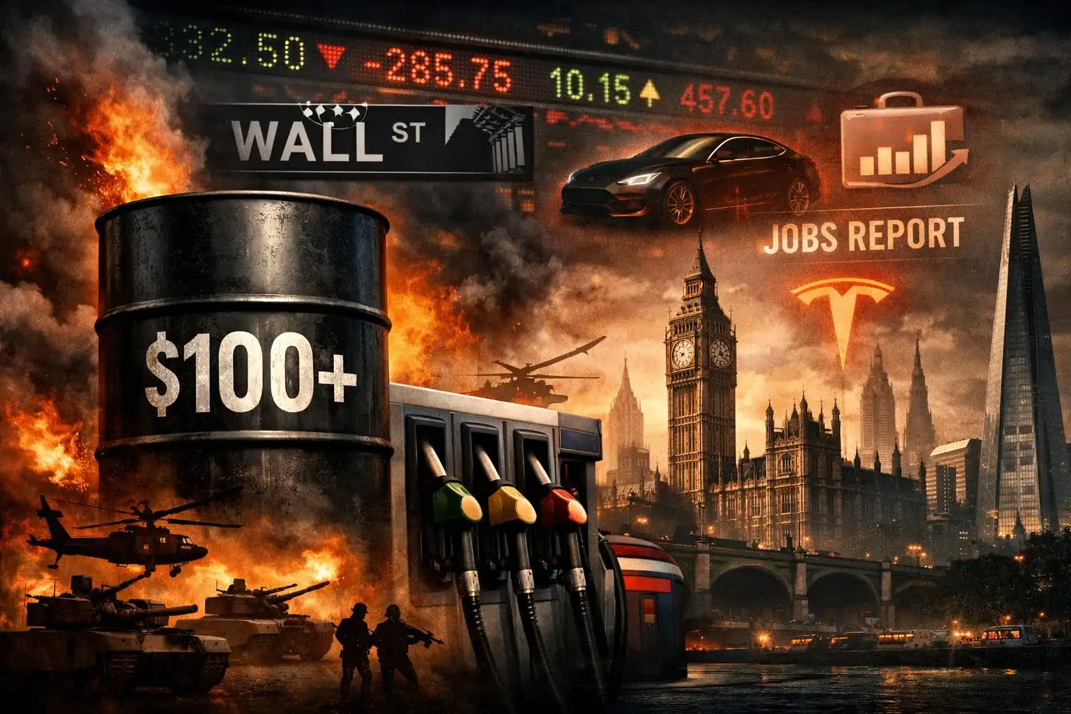 Hawk’s Monday Brief: Oil tops $100 as Iran war grinds on; UK weighs fuel crunch; Wall Street eyes Tesla, jobs data