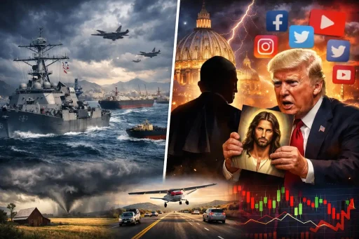 Hawk’s Tuesday Brief: U.S. blocks Iranian ports as markets whipsaw; Trump–Pope feud escalates over AI image; severe weather and a viral road landing